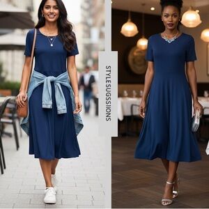 LBisse Blue Short-Sleeve Midi Dress | Size XL | NWT Navy Year Round Wear Soft